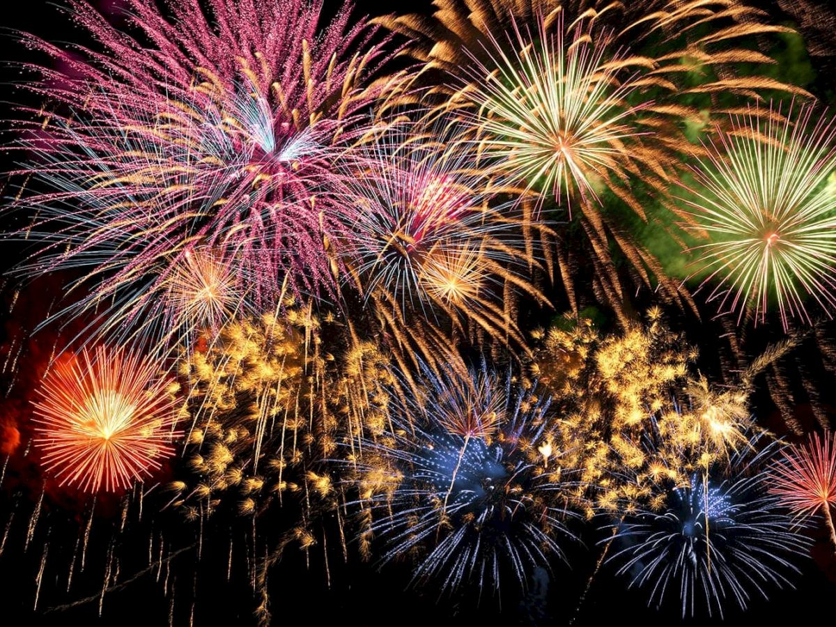 Fireworks explode in vibrant colors across the night sky, bursting in pinks, golds, blues, and greens with sparkling trails. End.