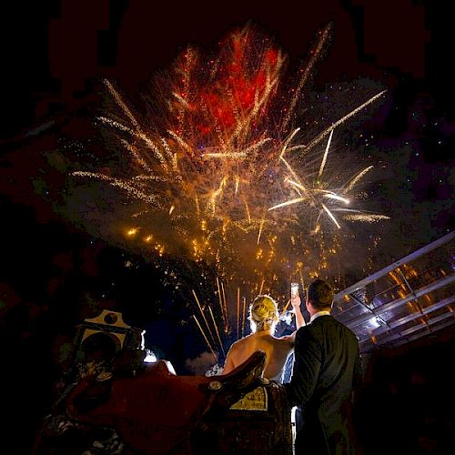 A couple, dressed formally, watching a vibrant fireworks display in the night sky. The scene suggests a festive or celebratory occasion, beautifully illuminated.