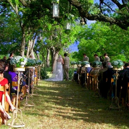 This image shows an outdoor wedding ceremony with guests seated on both sides of a grassy aisle, leading to a couple standing under trees.