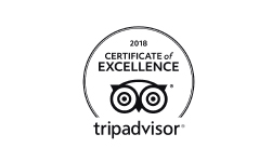 The image shows a "2018 Certificate of Excellence" from TripAdvisor, featuring their owl logo.