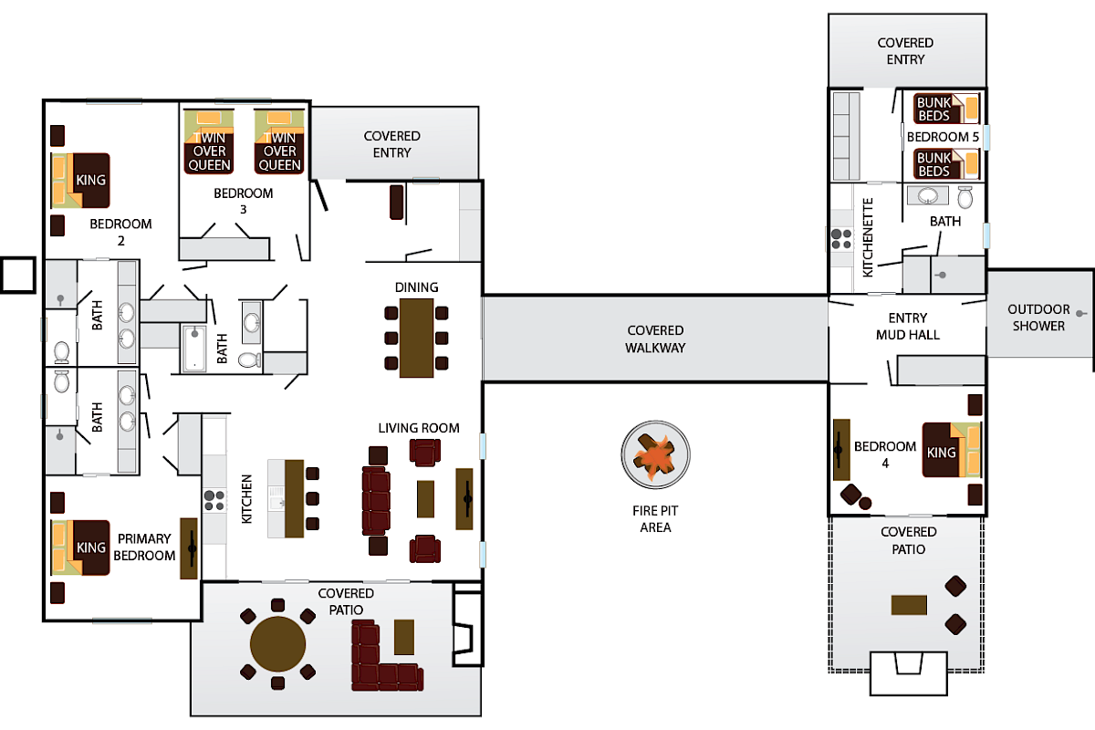 This is a floor plan featuring multiple bedrooms, bathrooms, dining areas, a living room, patios, and a covered walkway with a central fire pit area.