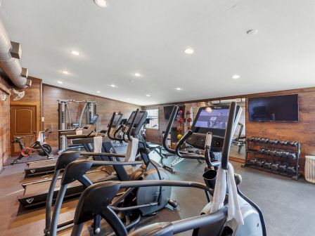 The image shows a gym with treadmills, ellipticals, weight racks, mirrors, and a flat-screen TV on a wooden-paneled wall.