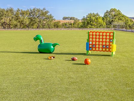 A grassy field with a giant Connect 4 game, inflatable dinosaur, a hamburger toy, a football, and an orange ball. Trees in the background.