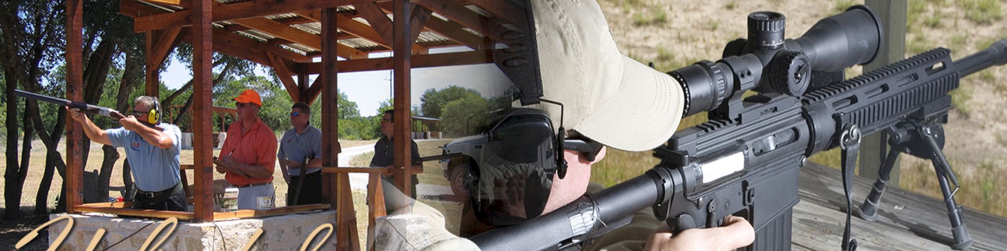 The image displays people engaging in shooting sports under a wooden canopy, combined with a close-up view of a person aiming with a rifle.