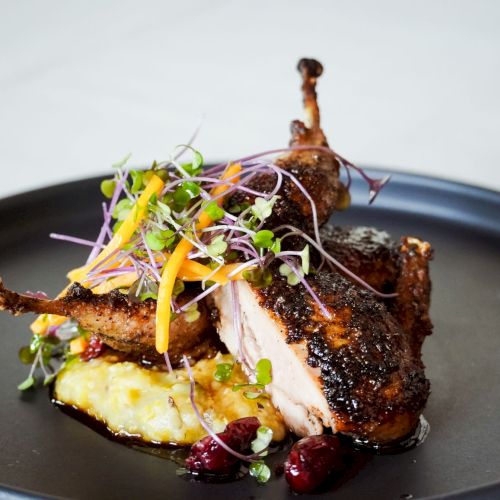 A plated dish featuring roasted duck with microgreens, served on a bed of mashed potatoes and berries on a black plate.