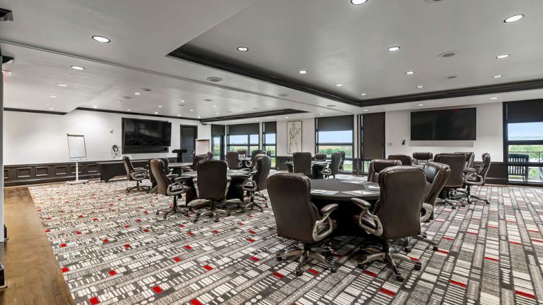 A modern conference room with rows of swivel chairs, patterned carpet, and large windows overlooking greenery.