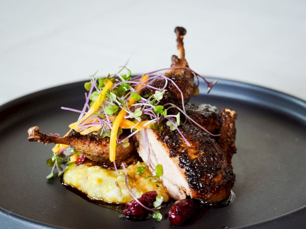 A gourmet dish features roasted poultry on creamy polenta with berries and microgreens, elegantly plated on a dark dish.