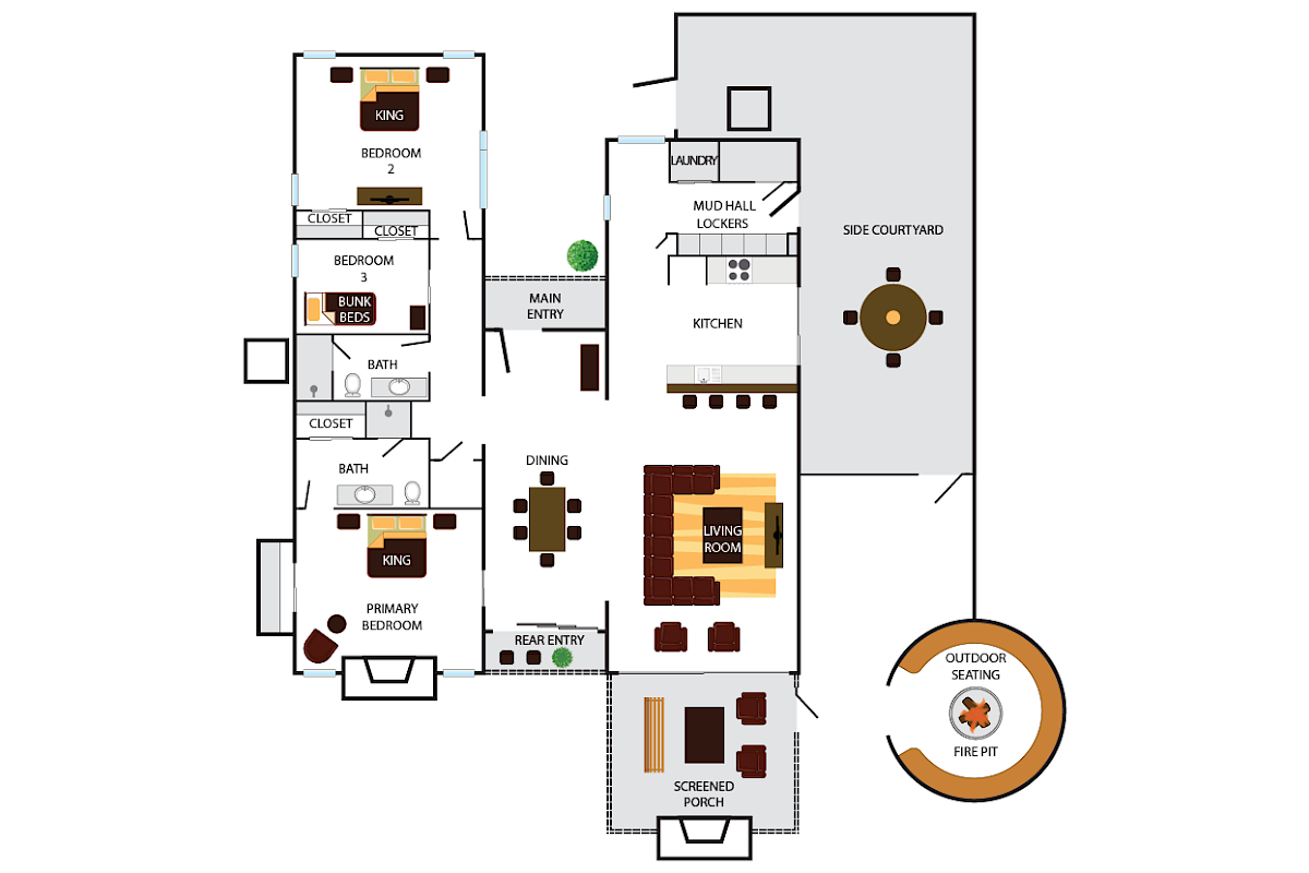 A house floor plan featuring bedrooms, lounge, kitchen, dining area, bathroom, sunken porch, ice courtyard, and circular space labeled “Ultimate Sauna Party.”