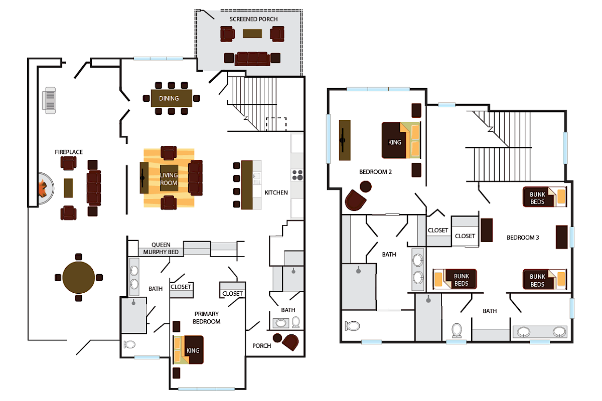 This image is a floor plan showing a two-story house layout with labeled rooms, including bedrooms, bathrooms, kitchen, and living areas.