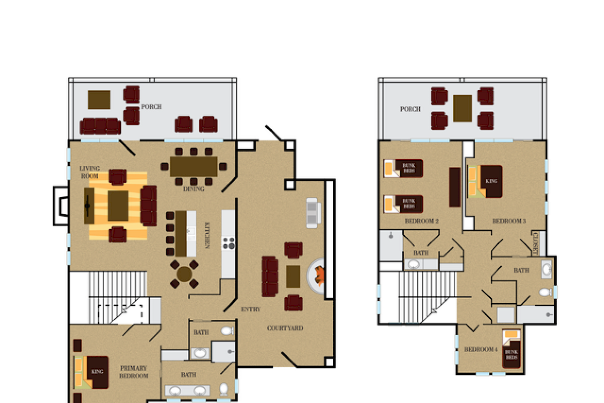 This image shows floor plans for a two-level residence, detailing rooms like living, dining, kitchen, bedrooms, and bathrooms.