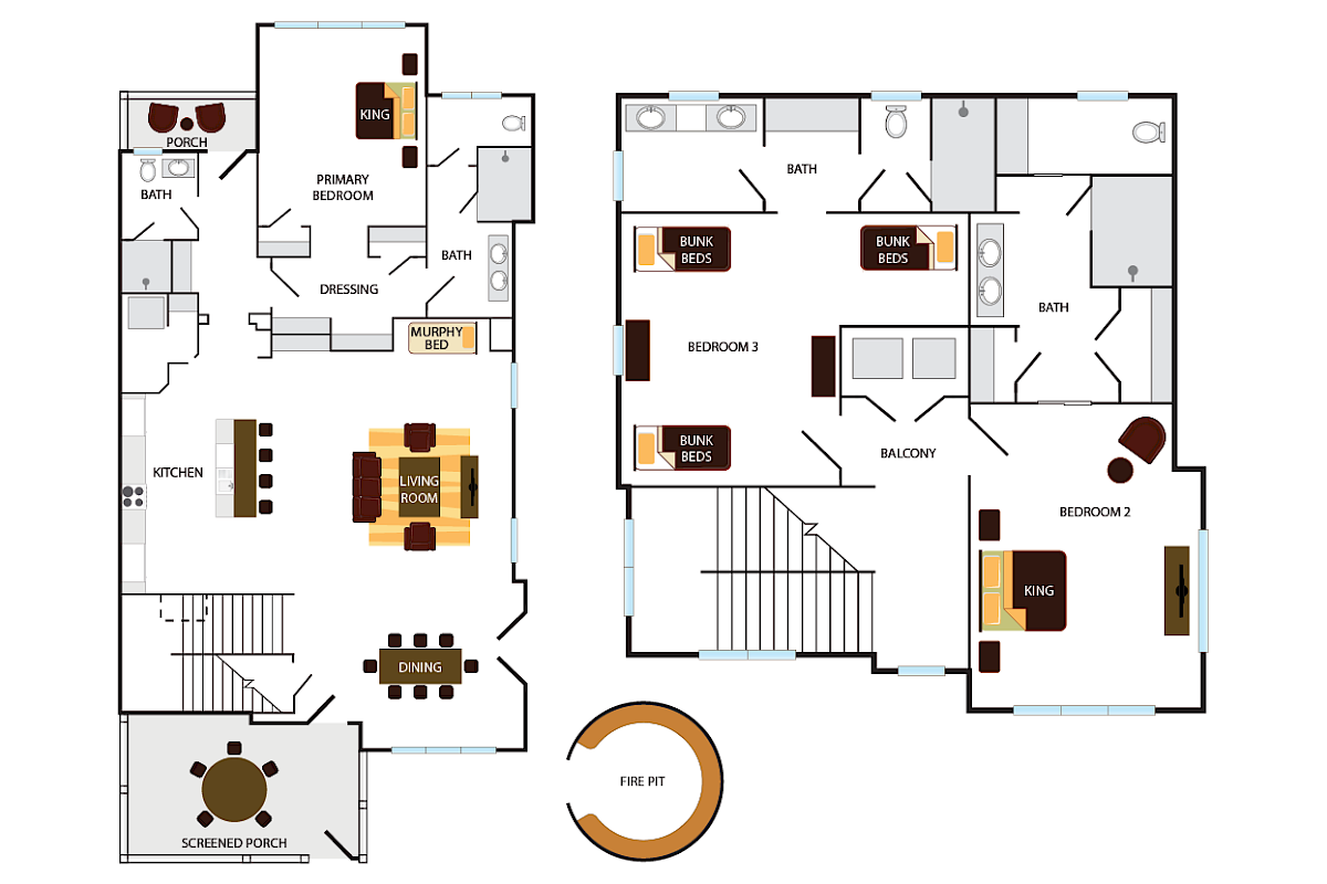 This image shows a detailed two-floor house layout with bedrooms, bathrooms, kitchen, living room, dining area, porch, and fire pit.