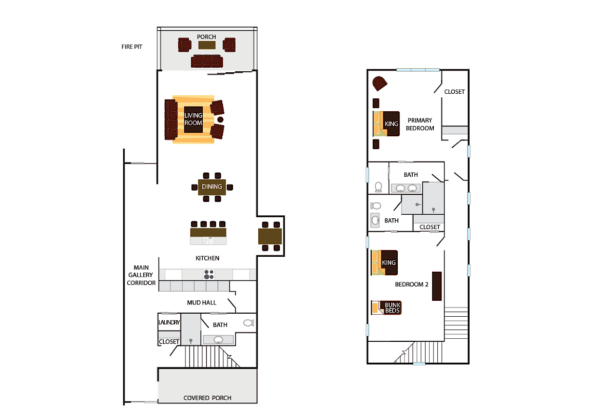This image shows a two-story house floor plan with labeled rooms, including a kitchen, dining area, family room, bedrooms, and bathrooms.