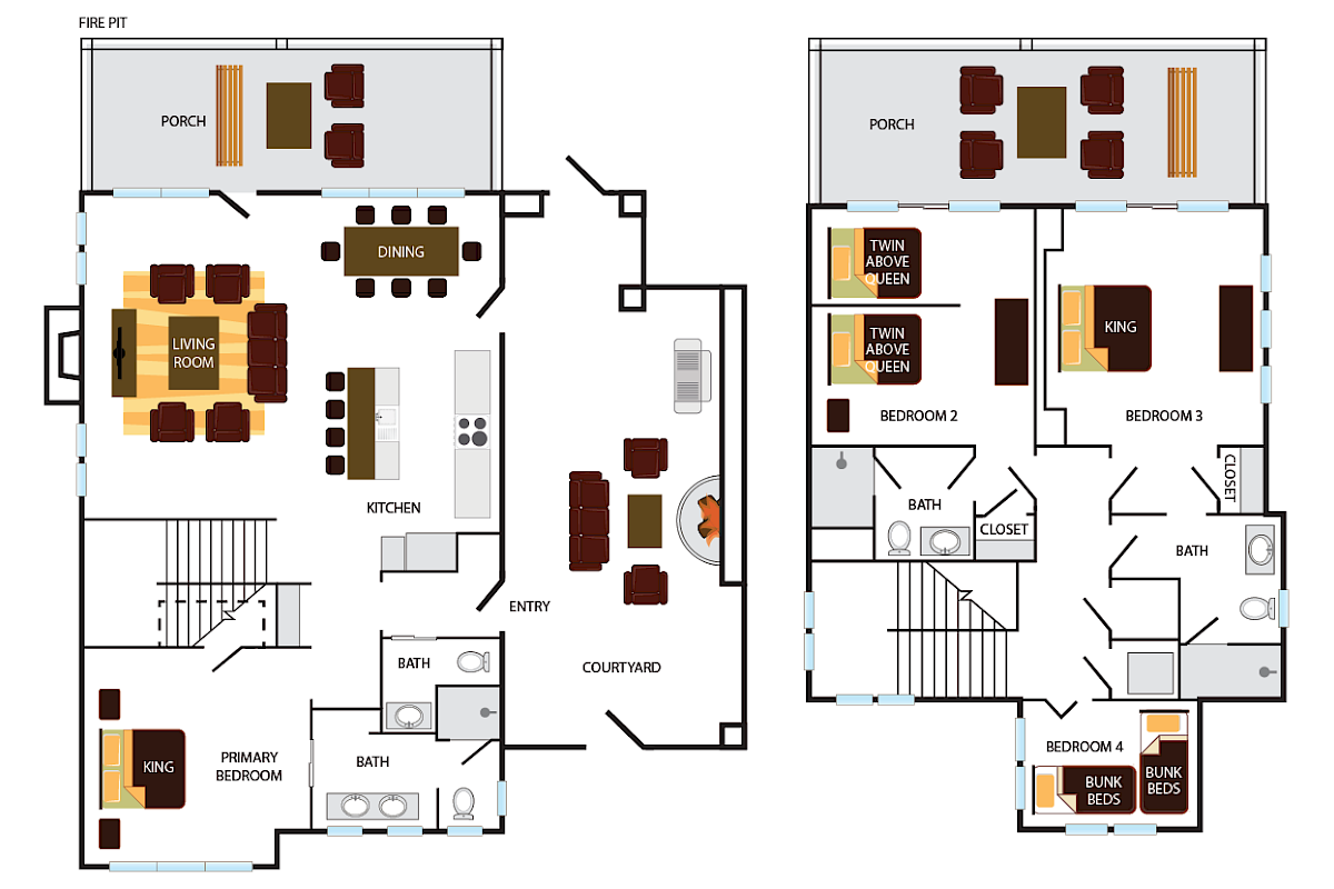 It's a house floor plan with porches, a living room, dining, kitchen, bedrooms, and a courtyard with a fire pit.