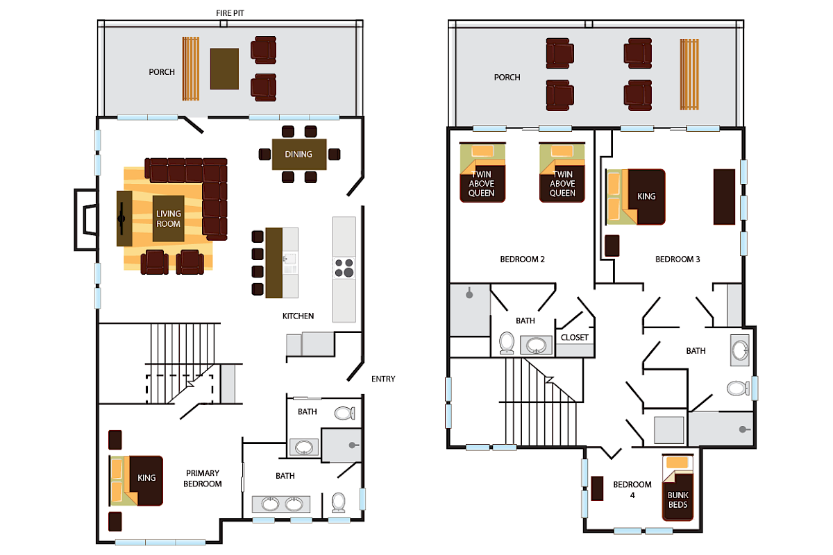 Floor plan showing two levels with living and dining areas, kitchen, four bedrooms, bathrooms, and porches.