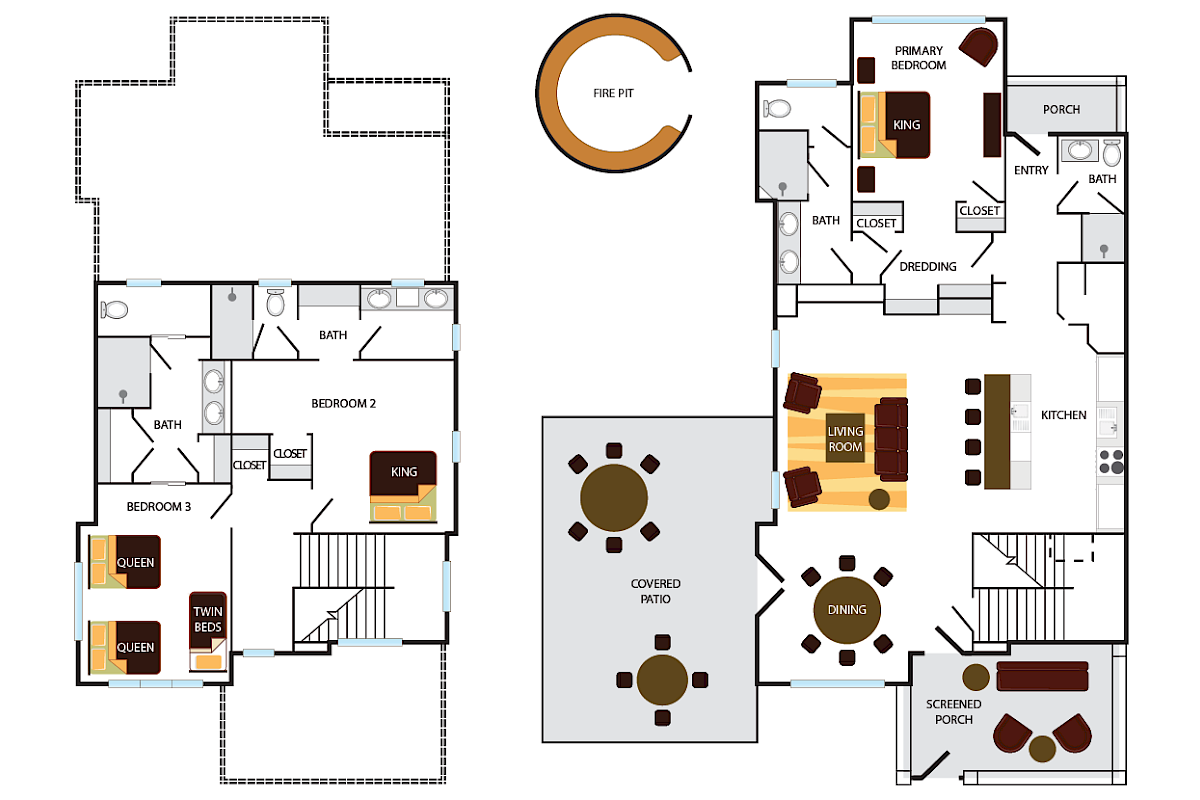 This image shows a detailed floor plan, including bedrooms, baths, a kitchen, dining and living areas, a patio, and a fire pit.