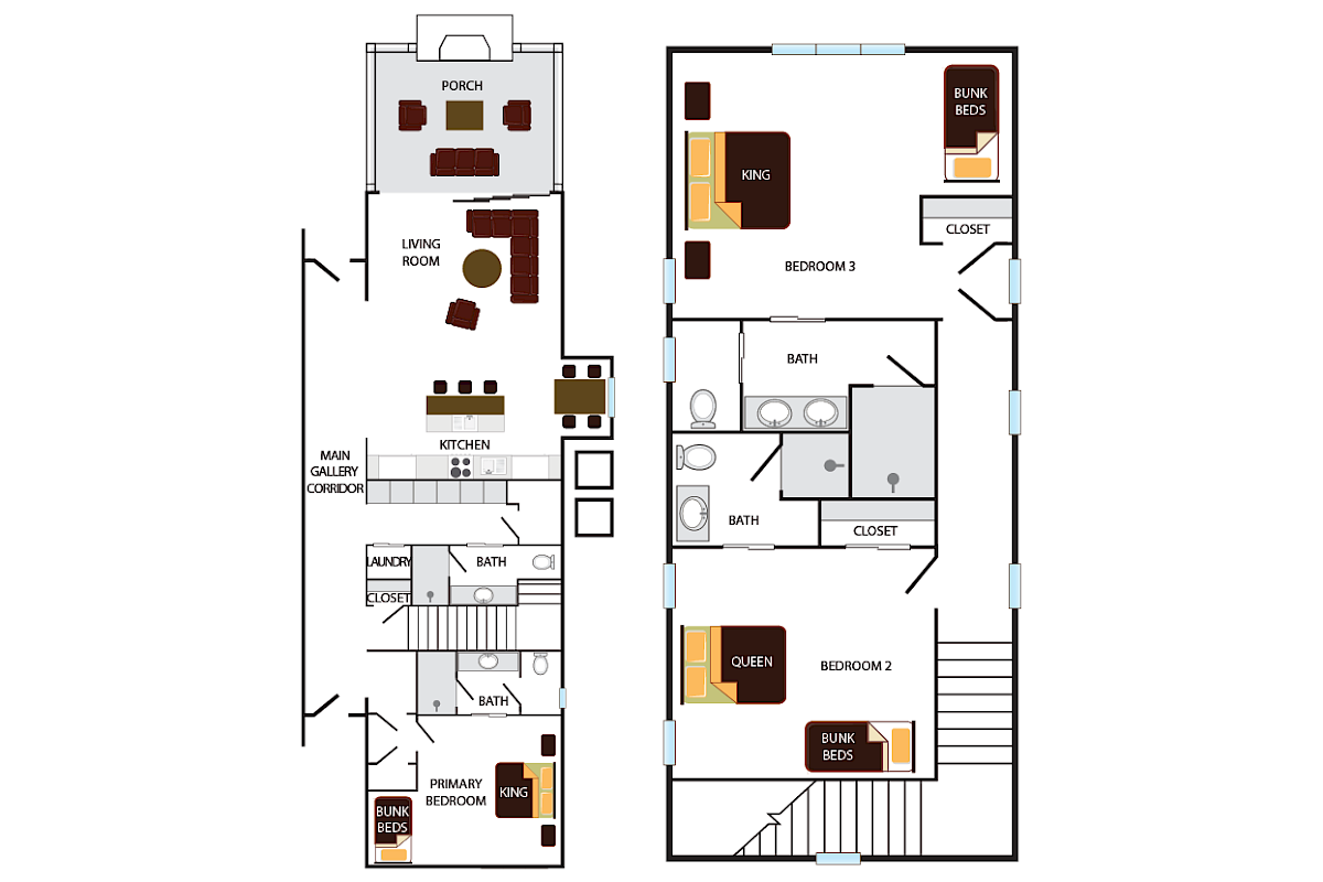 This is a floor plan featuring three bedrooms, two bathrooms, a living room, kitchen, laundry, closets, and a porch.
