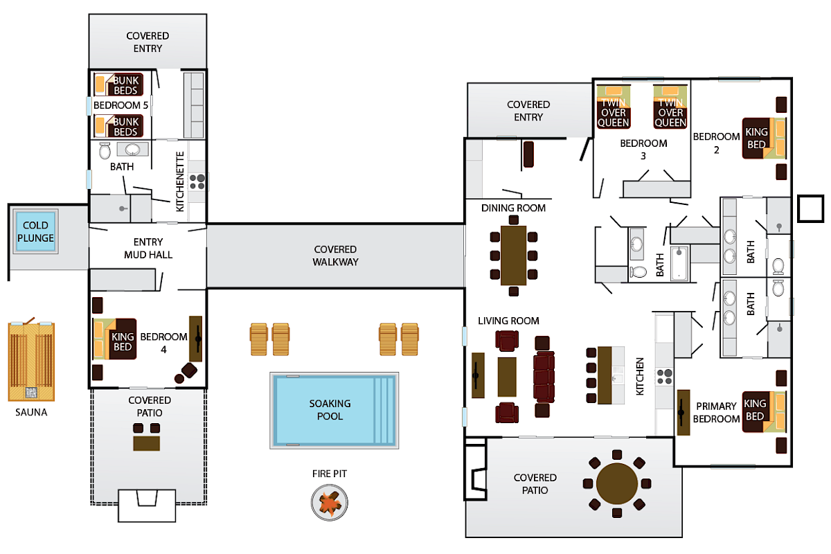 This is a floor plan featuring bedrooms, a kitchen, living areas, a sauna, a soaking pool, and a fire pit.
