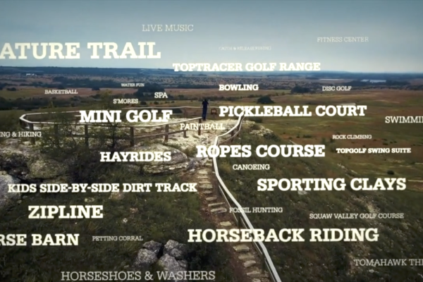 The image displays various outdoor activities in a park-like setting, including mini golf, horseback riding, and zipline, amongst others.