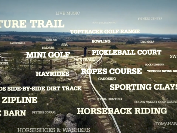 The image displays various outdoor activities in a park-like setting, including mini golf, horseback riding, and zipline, amongst others.