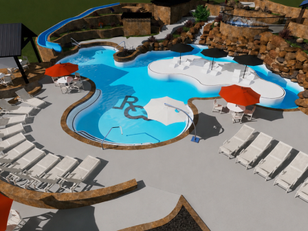 An aerial view of a luxury resort with bright blue swimming pools, orange umbrellas, lounge chairs, and a rocky landscape.