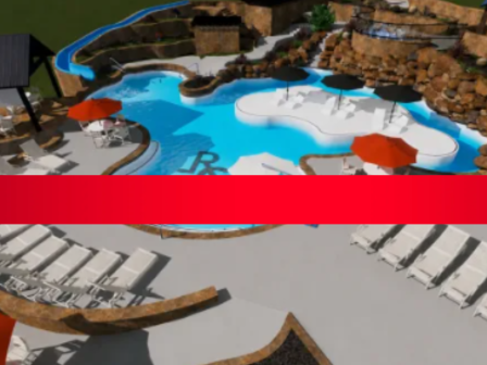 Aerial view of a resort with a large blue pool, white hot tub, orange umbrellas, and sun loungers.