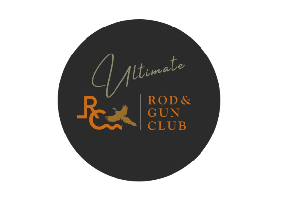 A dark circular logo reading &ldquo;Ultimate Rod & Gun Club,&rdquo; with a rod icon, fishing line, and a leaping fish illustration, at center.