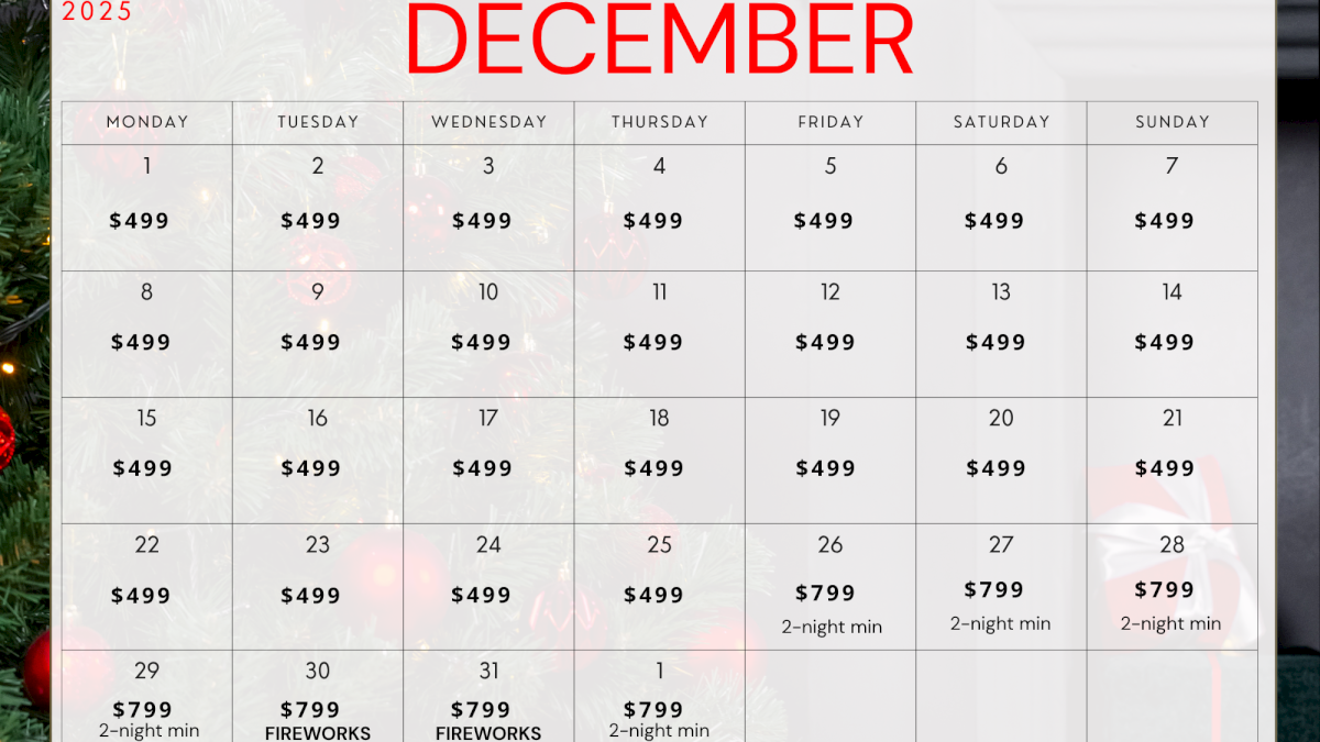 A December 2025 calendar shows daily rates, with higher prices on weekends and specific events like "FIREWORKS" noted on the 29th and 31st.