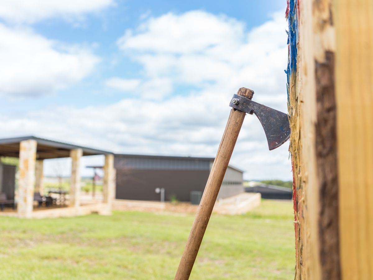 An axe embedded in a wooden post outdoors, with a clear blue sky and a shed-like structure in the background, in a rural setting.